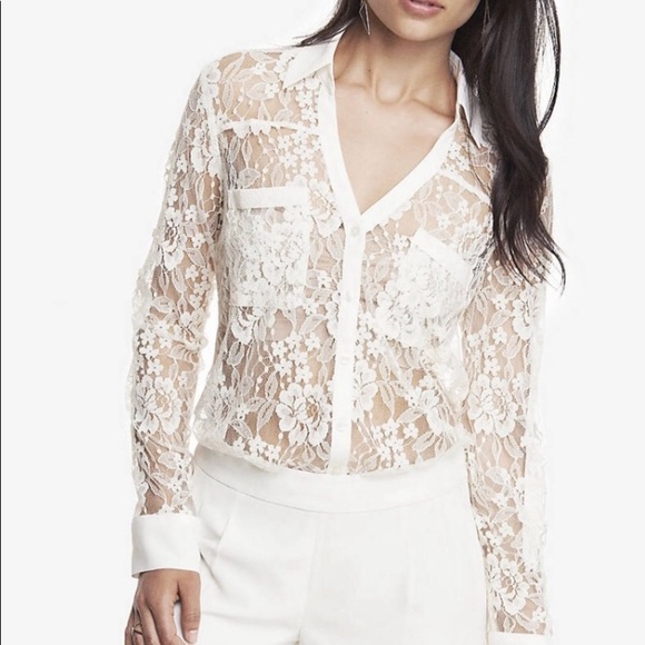 Express Tops - Express | White Lace Button Down Portfolio Blouse
